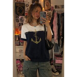 Rochelle California Vintage Nautical Anchor Knit Sweater Navy White Gold Mens M